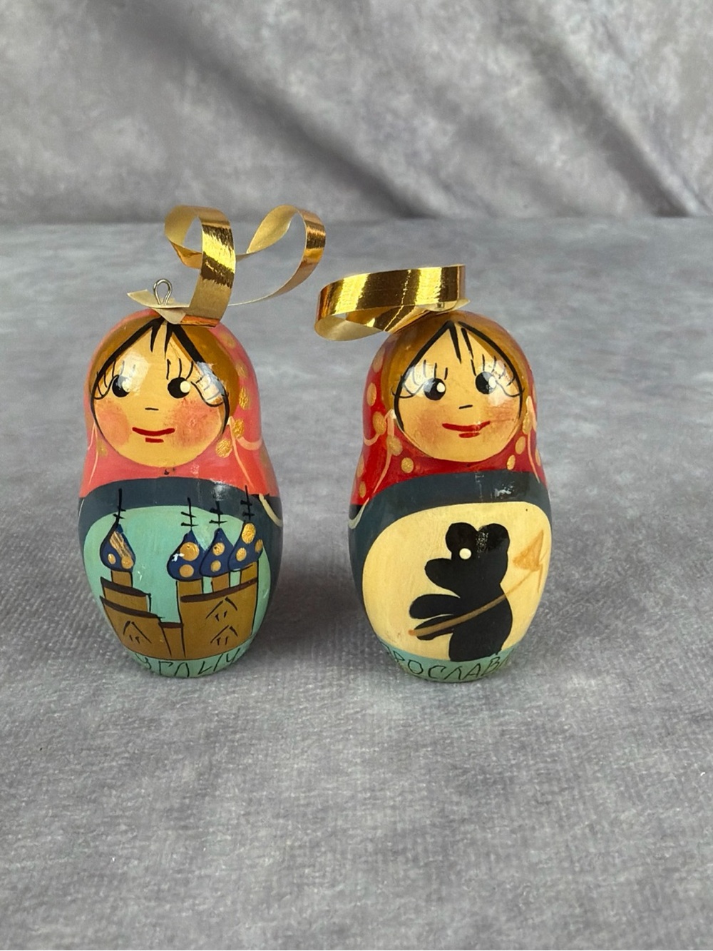 Vintage Miniature Russian Matryoshka Doll Ornaments Set of 2 Hand Painted Wood
